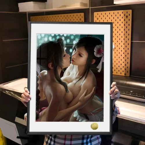 "Main display of an exclusive Huang Gua Studio fan art decorative painting, showcasing Tifa and Aerith from Final Fantasy VII in a romantic, intimate."