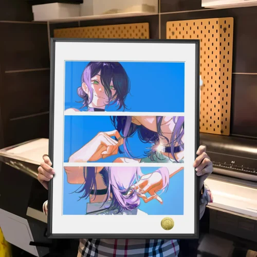 "Dynamic Chainsaw Man Reze three-shot decorative painting, capturing her explosive essence as a collectible fan art piece."