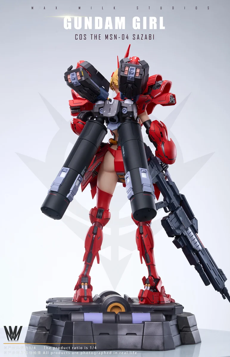 "1/4 Sazabi Mecha Girl JN5.0 Gundam statue. Dynamic pose, intricate mecha details, glowing UV-reactive decals from various angles."