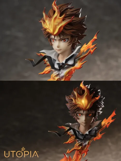 "Dynamic Sawada Tsunayoshi bust statue by Utopia Studio, detailed from various angles, featuring the magnetic-induction light-up Vongola Sky Flame."