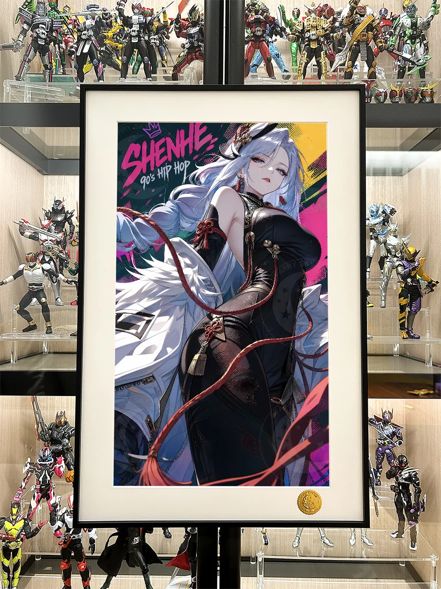 "Gallery of the limited edition Genshin Impact Shenhe graffiti art print, showing vibrant artistic details from various angles against a cosmic starry."