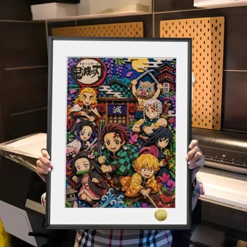 "Adorable Q-version Demon Slayer characters burst with color in this exclusive fan art decorative painting, a must-have for any Kimetsu no Yaiba."