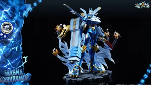 "Premium MetalGarurumon Digimon figure, showcasing dynamic sculpt, intricate mech details, and luminous LED effects from various angles."