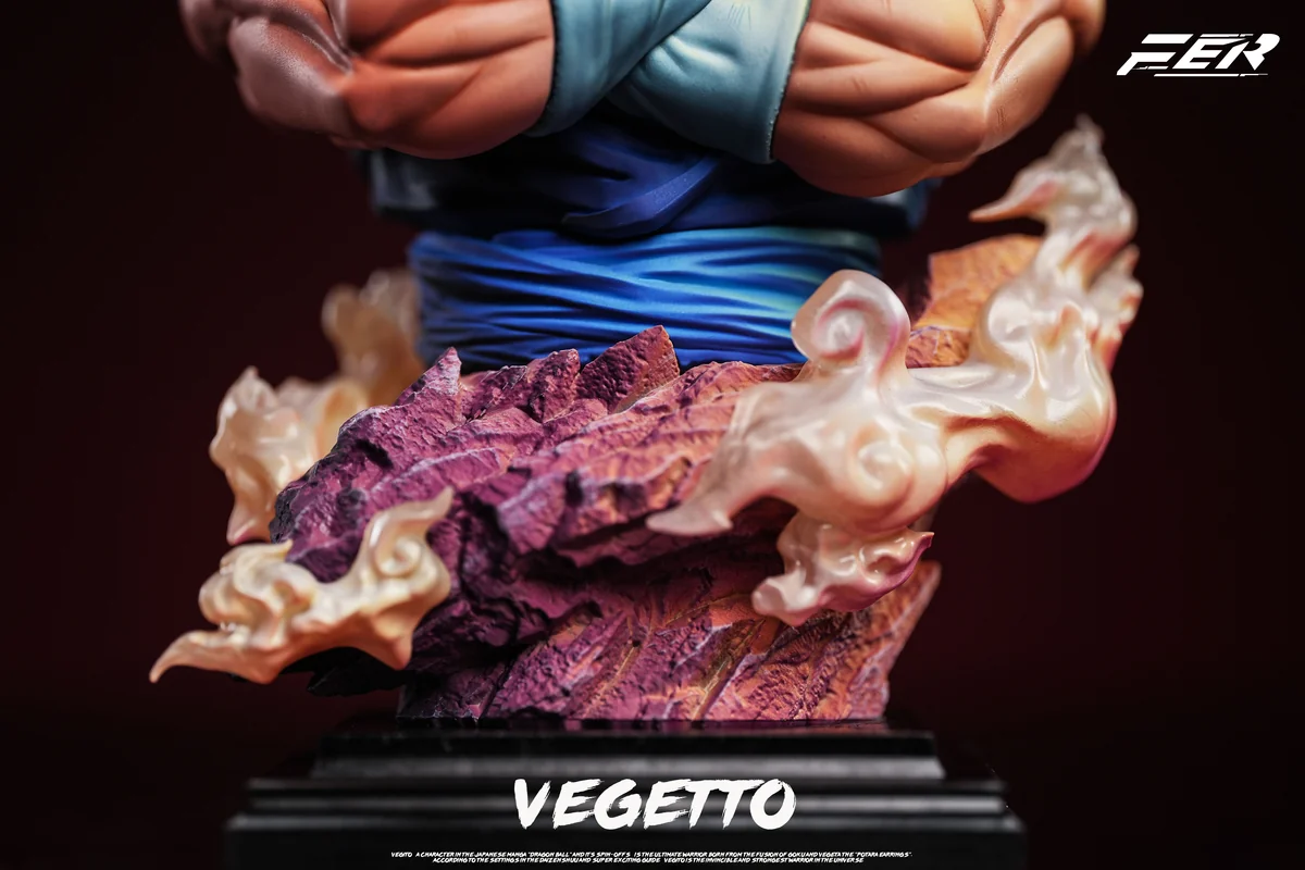 "Exquisite 1/5 scale Vegetto Bust Statue showcasing his powerful Super Saiyan form with vibrant yellow hair, a premium Dragon Ball collectible."