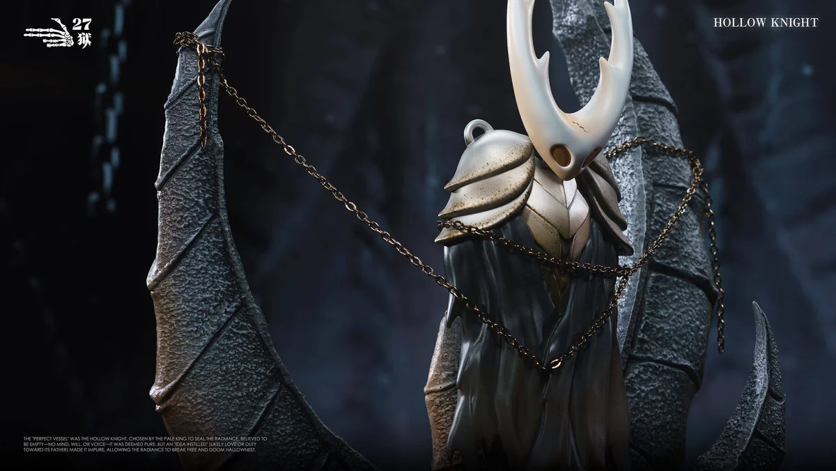 "Hollow Knight LED Figure by 27yu Studio. Detailed views of Sealed Vessel and Little Knight, highlighting intricate sculpting and captivating light."