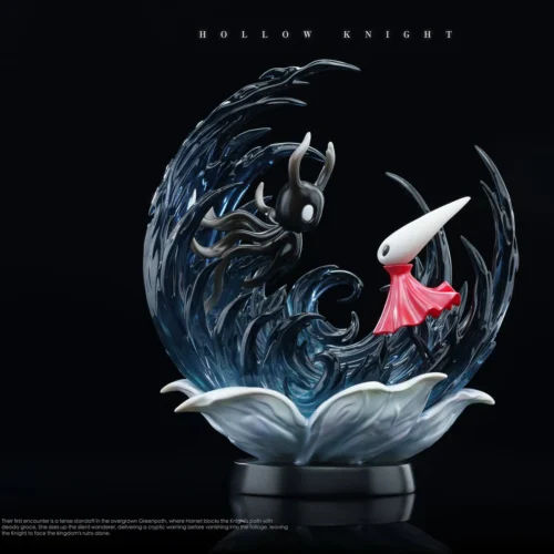 "Limited Edition Hollow Knight Silksong Statue diorama featuring a pivotal character reunion in a mysterious forest with ethereal LED lighting."