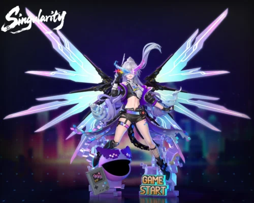 "Premium 1/6 Silver Wolf Honkai: Star Rail resin statue. Dynamic cyberpunk hacker look, glowing LED wings, and intricate details from a unique angle."
