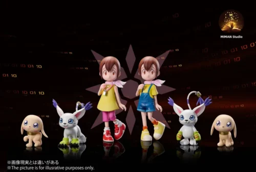 "Kari Yagami, Gatomon, and Patamon in a vibrant, detailed, limited edition Digimon Adventure resin statue, showcasing dynamic poses."