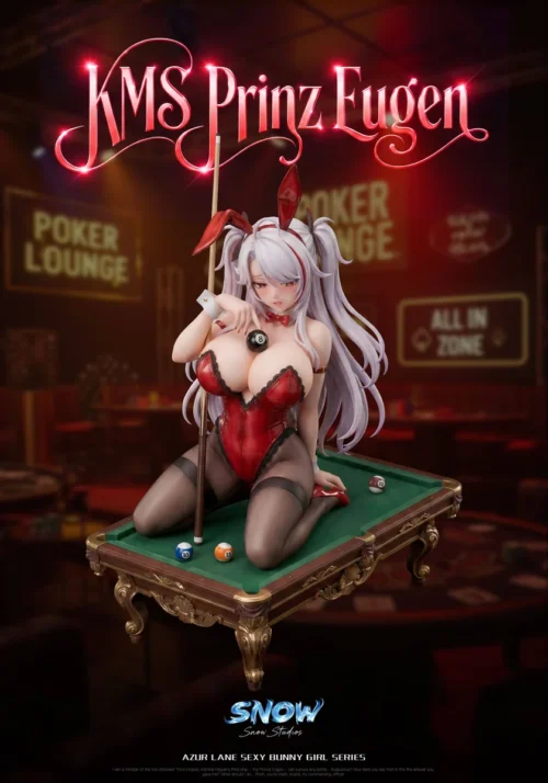 "Detailed angles of the exquisite 1/6 Azur Lane Prinz Eugen statue, highlighting her seductive pose and intricate details in the interactive billiards."