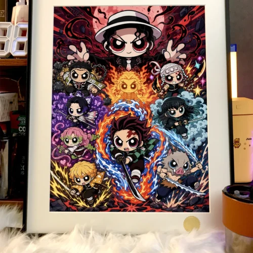 "Limited edition Demon Slayer Powerpuff Girls crossover art print. See detailed angles of the artistic character fusion, starry sky background, and un