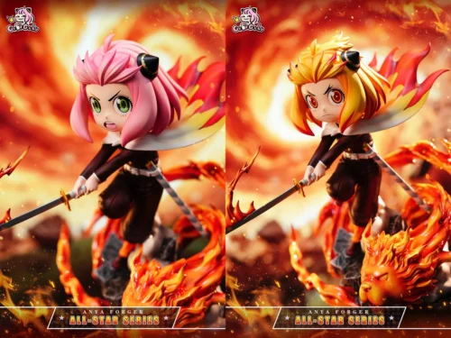 "Playful Anya Rengoku figure in a dynamic pose, showcasing the unique Demon Slayer x Spy x Family crossover with multiple swappable head options."