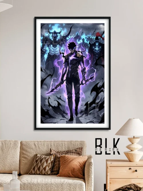 "Close-up of the framed Solo Leveling painting, revealing the intricate Baroque details and high-definition clarity of Sung Jinwoo as Shadow Monarch."