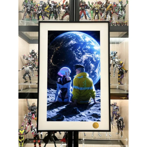 "Limited edition 'Starry Night' Cyberpunk Edgerunners art print: Lucy and David on the moon, vibrant city lights, starry sky. A collectible."