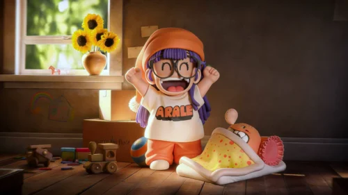 "Iconic Arale WCF figure and her cheerful Little Sun companion captured in an energetic, whimsical morning pose from Dr. Slump."