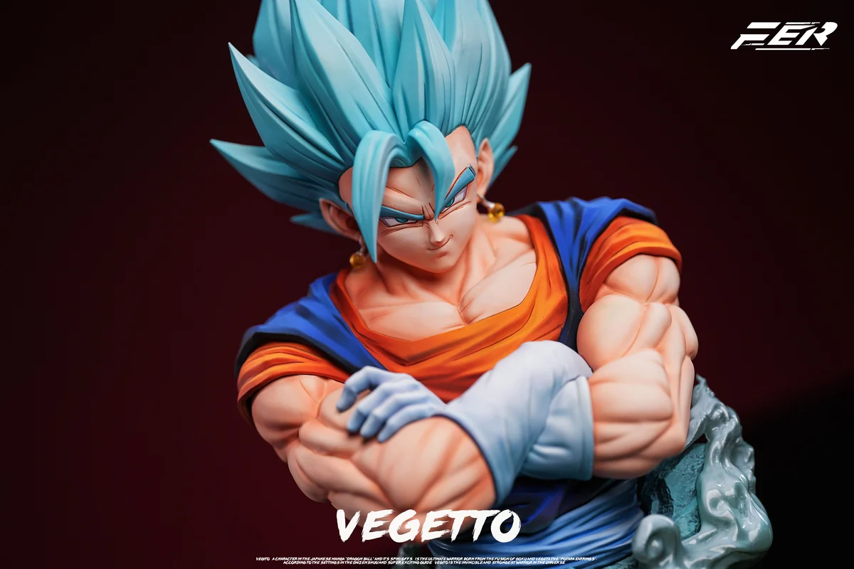 "Exquisite 1/5 scale Vegetto Bust by Fer Studio, featuring dual Super Saiyan forms with dynamic angles and intricate details."