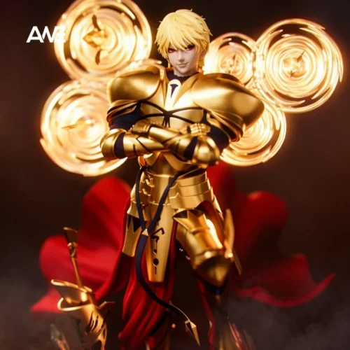 "Limited Edition Premium Resin Gilgamesh Figure. Multiple angles reveal majestic golden armor, dynamic pose, and divine power."