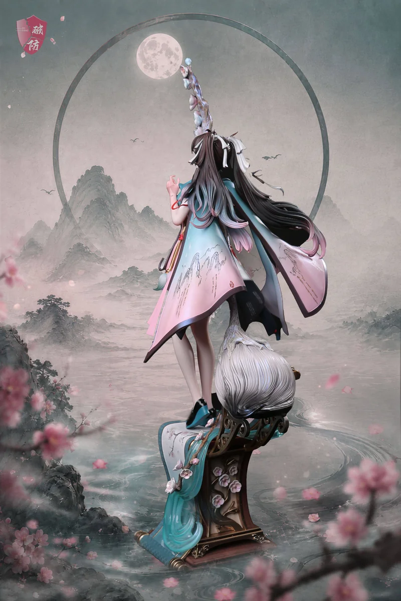 "Exclusive 1/6 Wuthering Waves Guofeng Xiaozhi statue. Detailed views show ethereal water, natural branches, and serene artistry."