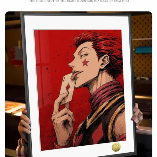 "Limited edition Hisoka Trick Card art print from Hunter x Hunter, shown from multiple angles revealing the dynamic, stylized artwork and vibrant."