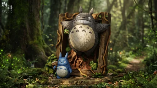 "Iconic Totoro characters adorn this enchanting forest-themed resin photo frame by Wuyu Studio. A whimsical diorama, perfect for My Neighbor Totoro."