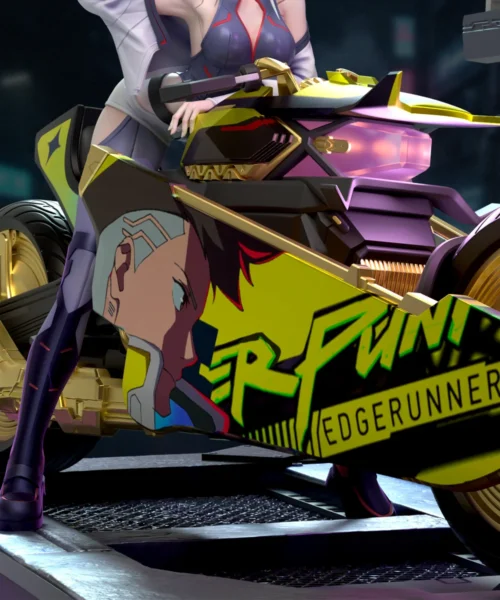 "Premium 1/6 Cyberpunk Lucy figure with dynamic motorcycle, showcasing intricate sculpted details and superior resin craftsmanship from multiple angle."