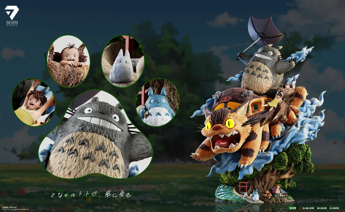 "Limited Edition Totoro Whimsical Flight Diorama. Gallery of sculpted Totoros, Catbus, and illuminated house from various angles, evoking Ghibli magic."