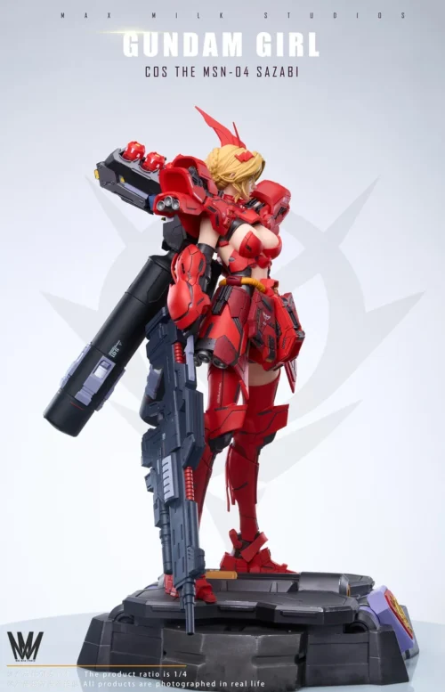 "1/4 Sazabi Mecha Girl JN5.0 Gundam Universe statue. Intricate mecha details, dynamic pose, and UV-reactive decals are highlighted."