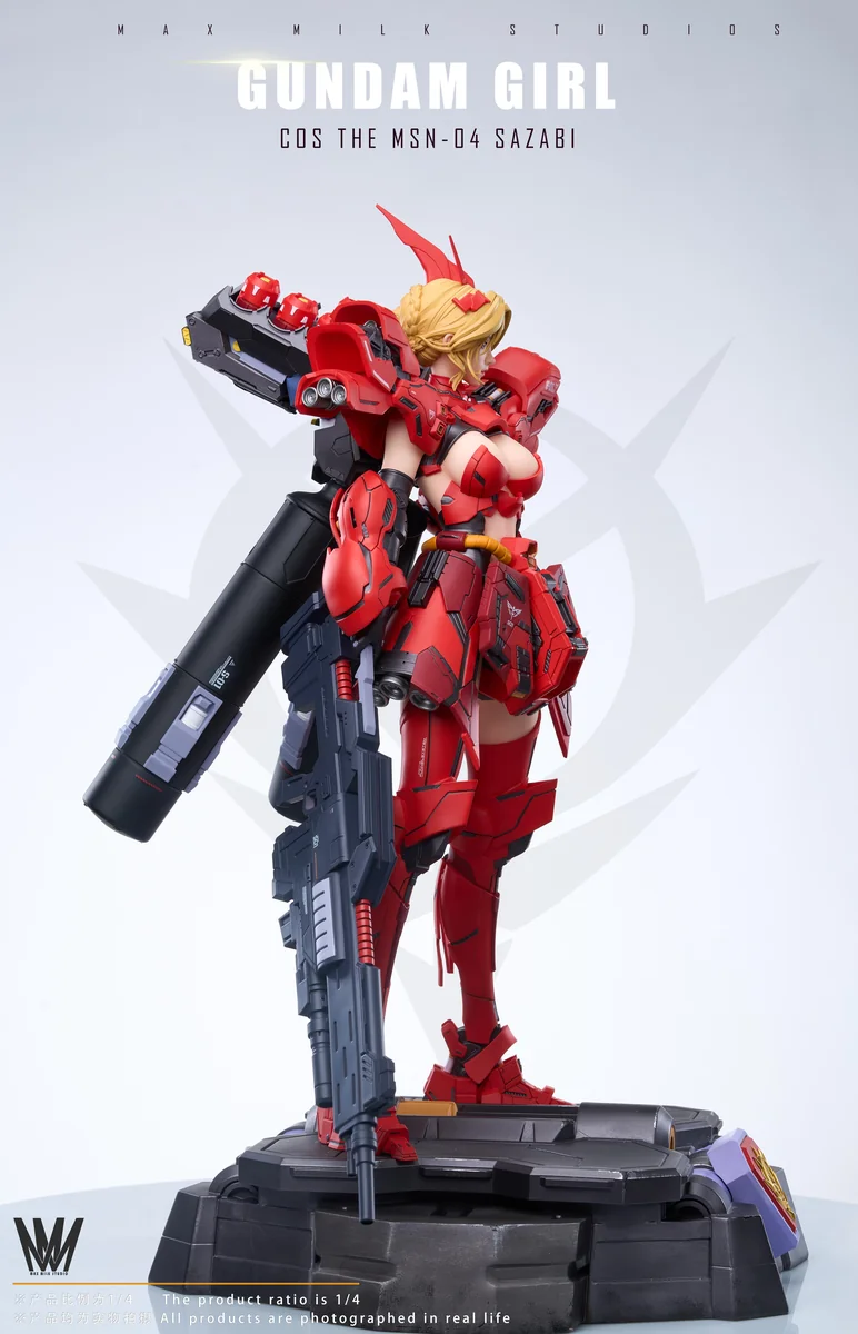 "1/4 Sazabi Mecha Girl JN5.0 Gundam Universe statue. Intricate mecha details, dynamic pose, and UV-reactive decals are highlighted."