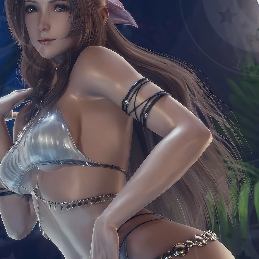 "Premium framed FF7 Aerith in the Pool decorative painting. This exclusive, hand-numbered print reveals ethereal anime art details of the iconic scene