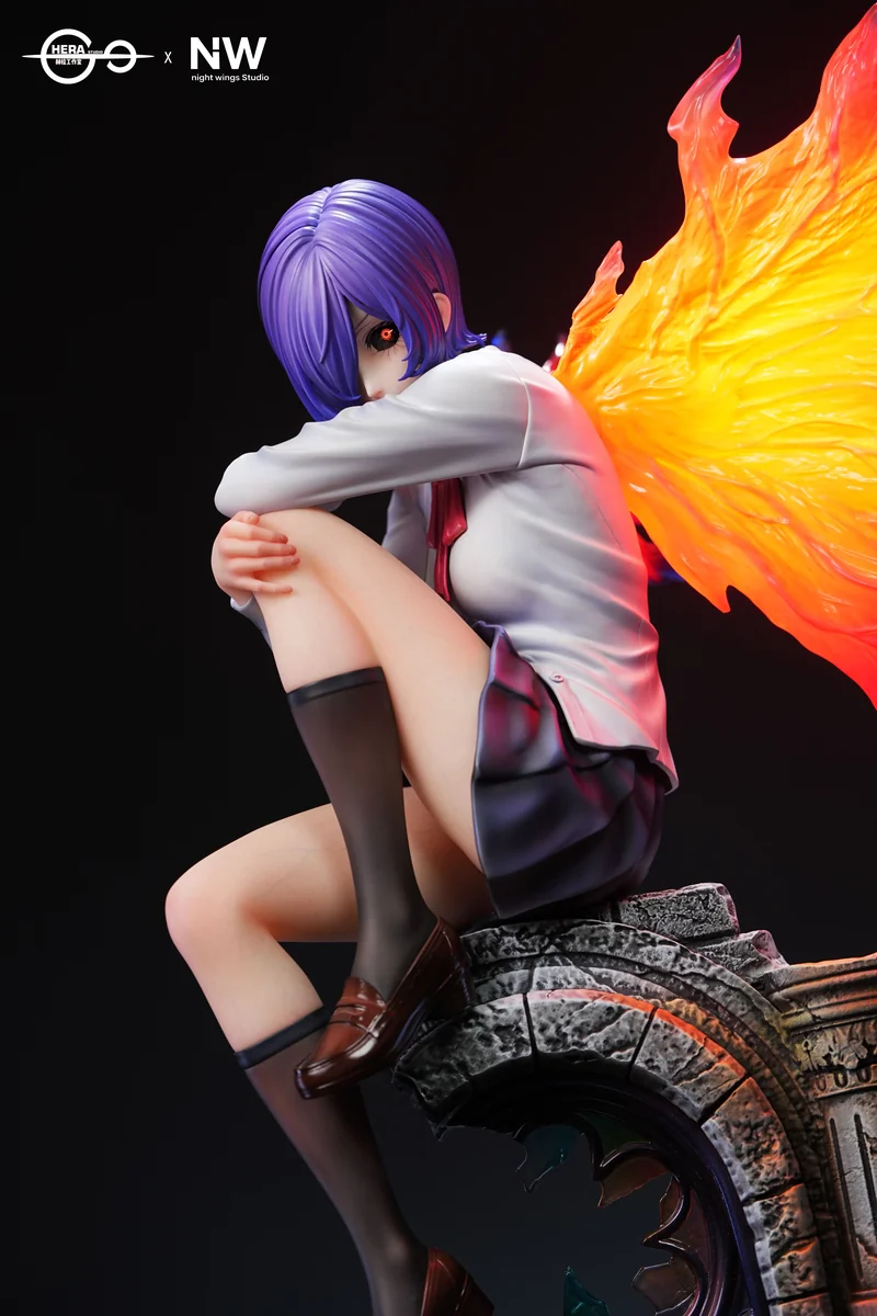 "Premium 1/4 Touka Tokyo Ghoul figure, captured from various angles. Highlights her dynamic pose, glowing LED Ukaku, and realistic skin texture."