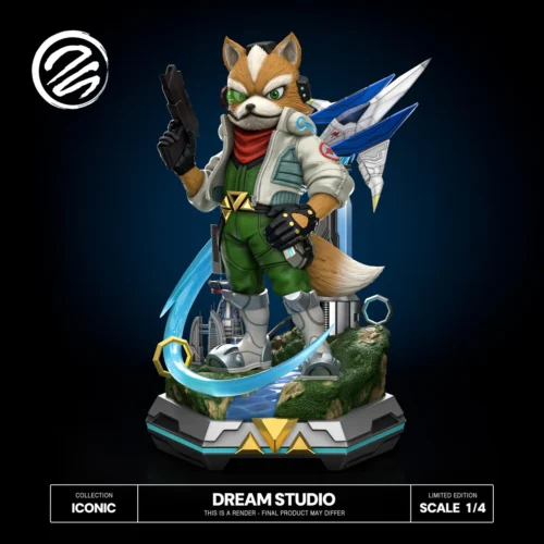 "Limited Edition 1/4 scale Fox McCloud Star Fox resin statue by Dream Studio, showcasing a dynamic, action-packed pose with intricate sci-fi details."