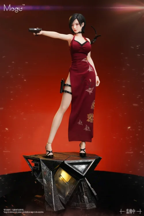 "Ada Wong 1/4 scale seamless silicone articulated Resident Evil statue. Detailed views feature hyper-realistic sculpt, dynamic pose, and glowing LED."
