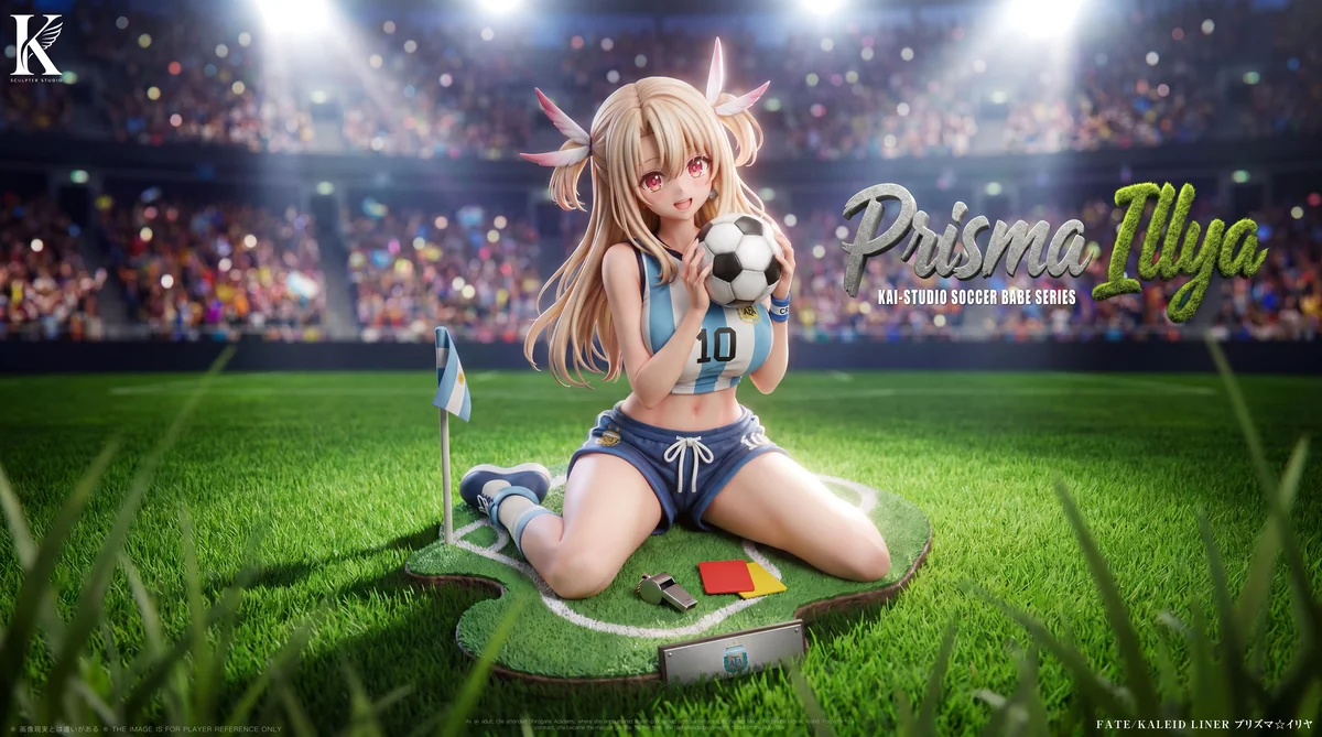 "Playful 1/6 Illya Soccer Babe figure with detailed soccer uniform and stadium base, shown from multiple angles to highlight all sculpted details."