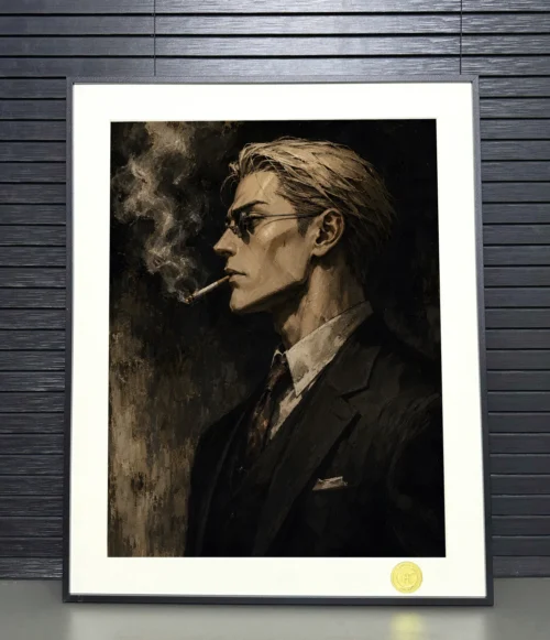 "Limited edition premium Nanami Kento side profile art print, viewed from multiple anles, showcasing its sophisticated frame and intricate."