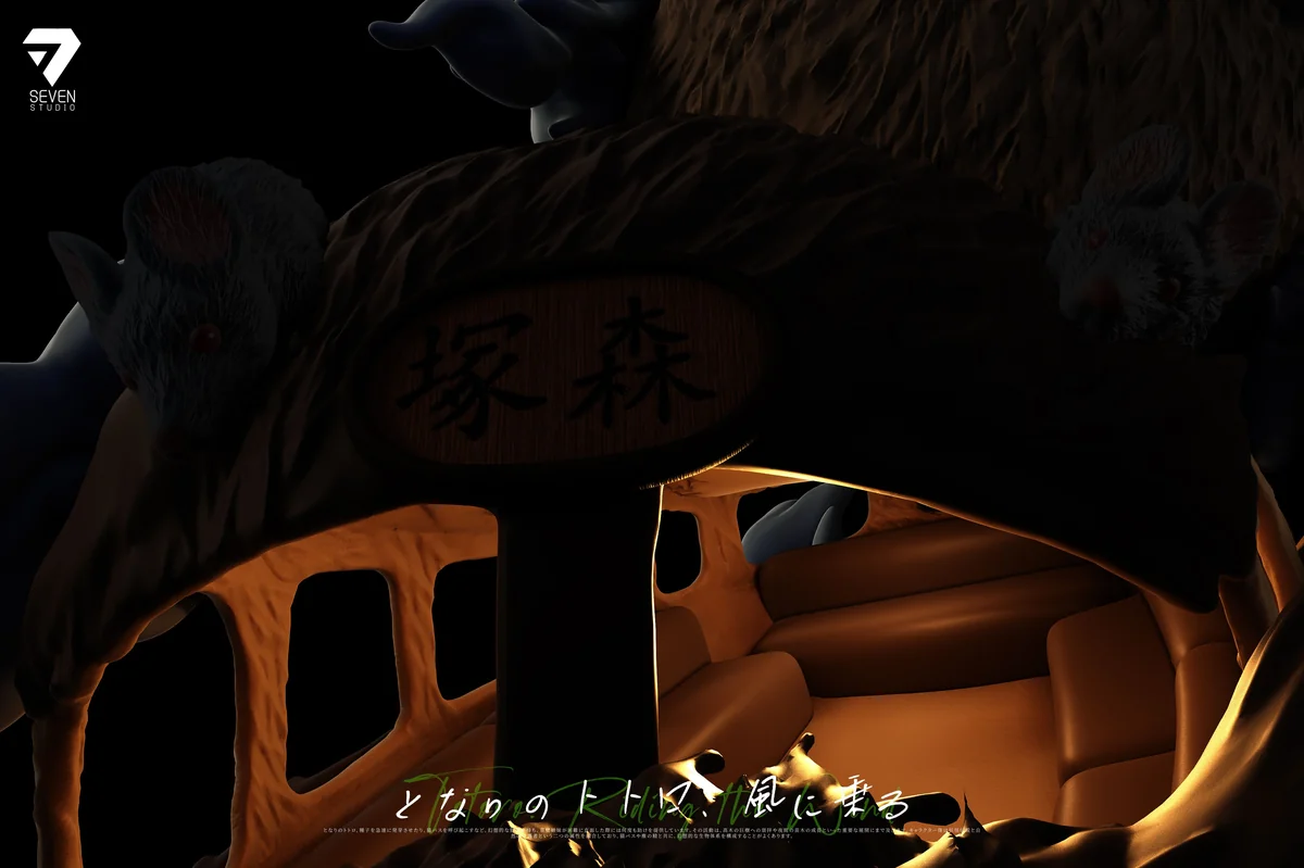 "Limited Edition Illuminated Totoro Whimsical Flight Diorama. Features Catbus, flying Totoros, and glowing house from detailed angles."