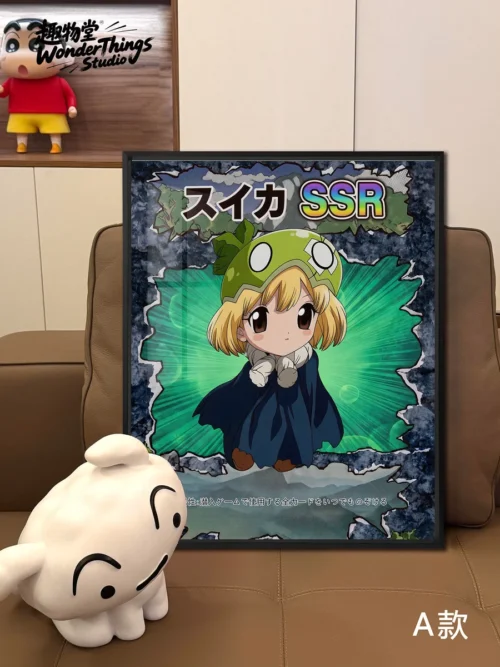 "Vibrant Suika Dr. Stone crystal porcelain art painting, showcasing dynamic anime character details and scientific aesthetics."