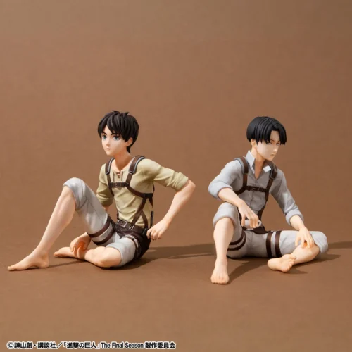 "Premium G.E.M. palm-sized Levi Ackerman and Eren Yeager figures from Attack on Titan, meticulously detailed in iconic, dynamic poses."
