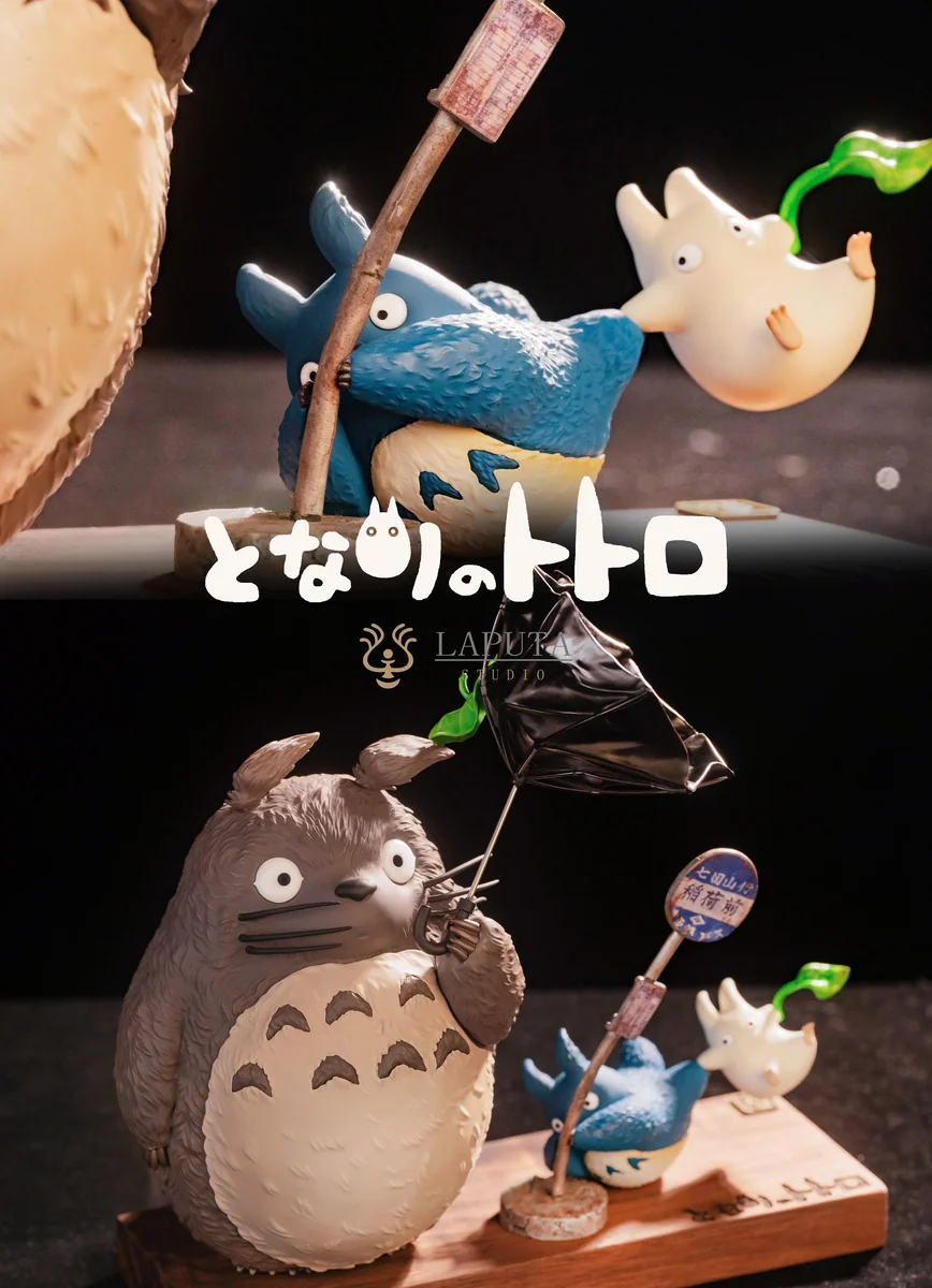 "A detailed side view of the whimsical Totoro: Wind Advisory resin statue, showcasing its dynamic wind scene and premium wood base from LAPUTA-studio."