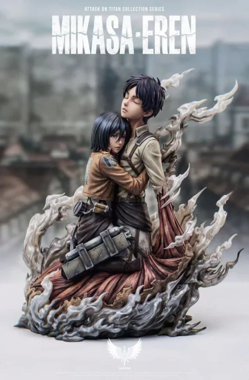 "1/6 Mikasa and Eren Attack on Titan resin statue by Saoirse Studio, capturing their iconic emotional embrace. A premium, limited edition collectible."