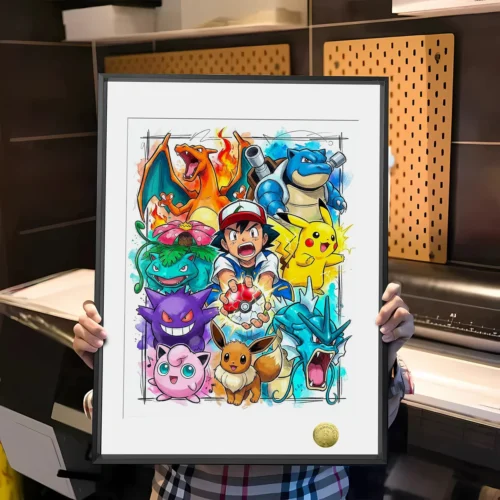 "A dynamic and vibrant main image of the limited edition Pokémon fan art print, showcasing Ash and iconic Pokémon in exquisite, detailed artistic style."
