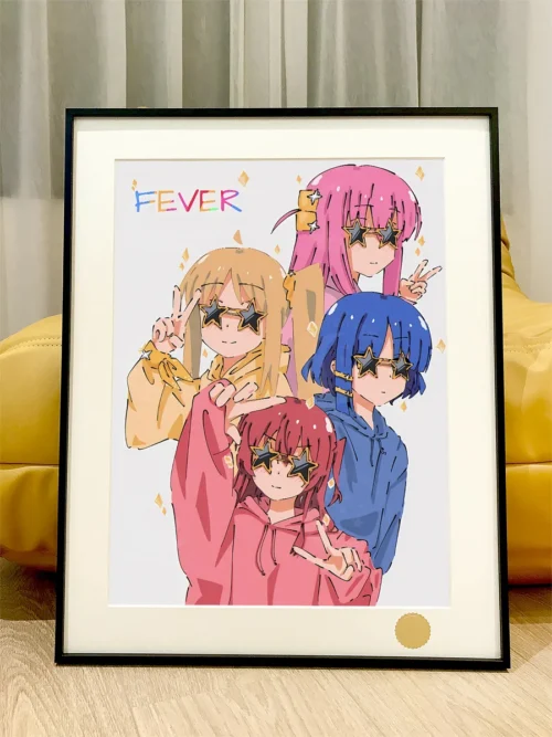 "Limited edition Bocchi the Rock! 'Sunglasses Rock' Hitori Gotoh premium art print, featuring dynamic anime characters against a vibrant, cosmic."