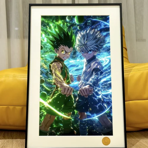 "Premium limited edition Gon & Killua Hunter x Hunter art print, showcasing dynamic artwork against a vibrant starry sky from 52TOYS Studio."