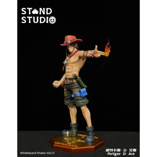"Premium Ultra-Limited Edition Portgas D. Ace statue by Tìshēn Studio. Dynamic One Piece figure, vibrant fire effects, detailed from multiple angles."