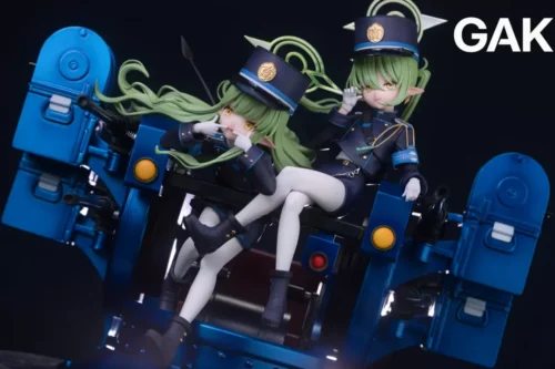 "Dynamic 1/7 Akari & Nozomi Blue Archive Railway Twins resin statue, featuring spirited characters in action poses on a detailed railway base."