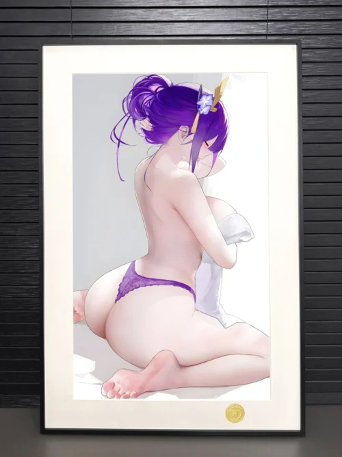 "Elegant Raiden Shogun back view decorative painting. Limited edition Genshin Impact framed art print showcasing refined details and premium finish."