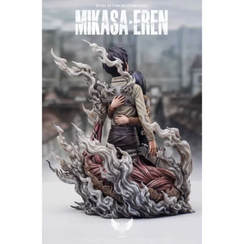 "Premium 1/6 Mikasa and Eren embracing Attack on Titan resin statue. Saoirse Studio's iconic sculpt details and profound emotion from various angles."