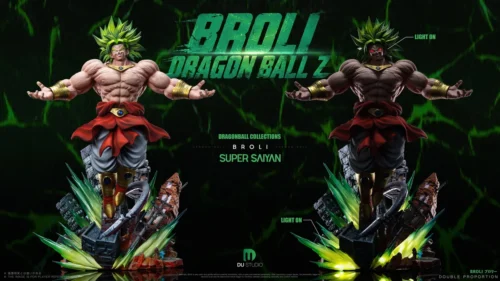 "Limited Edition Broly Resin Statue, dynamically illuminated by green LED, capturing Legendary Super Saiyan Broly's devastating power."