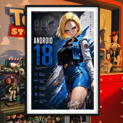 "Baroque Android 18 Lazuli painting. Unique, premium Dragon Ball anime art print, featuring a vibrant, classically styled portrait of Android 18."