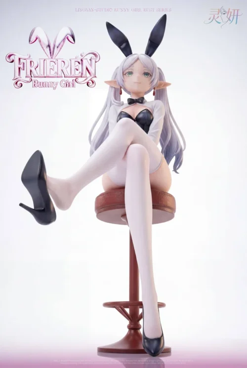 "Limited Edition Frieren Bunny Girl resin statue from Ling Yan Studio, showcasing exquisite craftsmanship with Frieren elegantly seated on a bar stool."