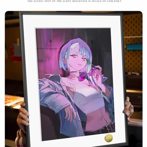 "Exclusive limited-edition Cyberpunk Lucy Art. Pink neon highlights Lucy's edgy pose. A3/4K fan art with detailed artistic views."