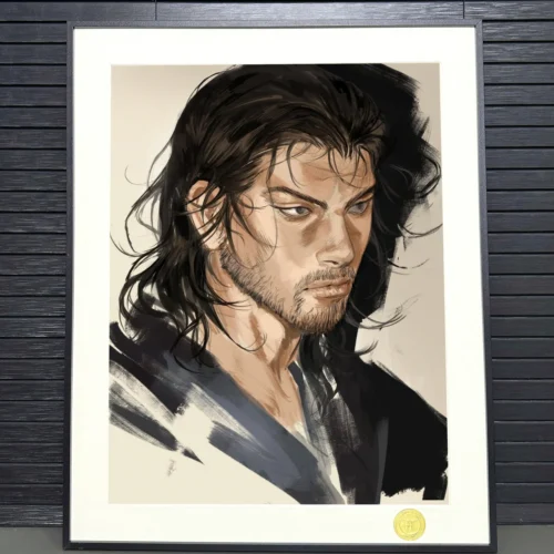 "Gallery views of the Limited Edition Vagabond Musashi Art Print, highlighting its dynamic manga samurai portrait and premium framed details."